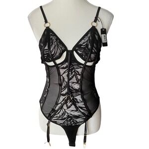 Mapale 8573 Put A Ring On It Teddy Black Floral Lace Garter Bodysuit Women Small